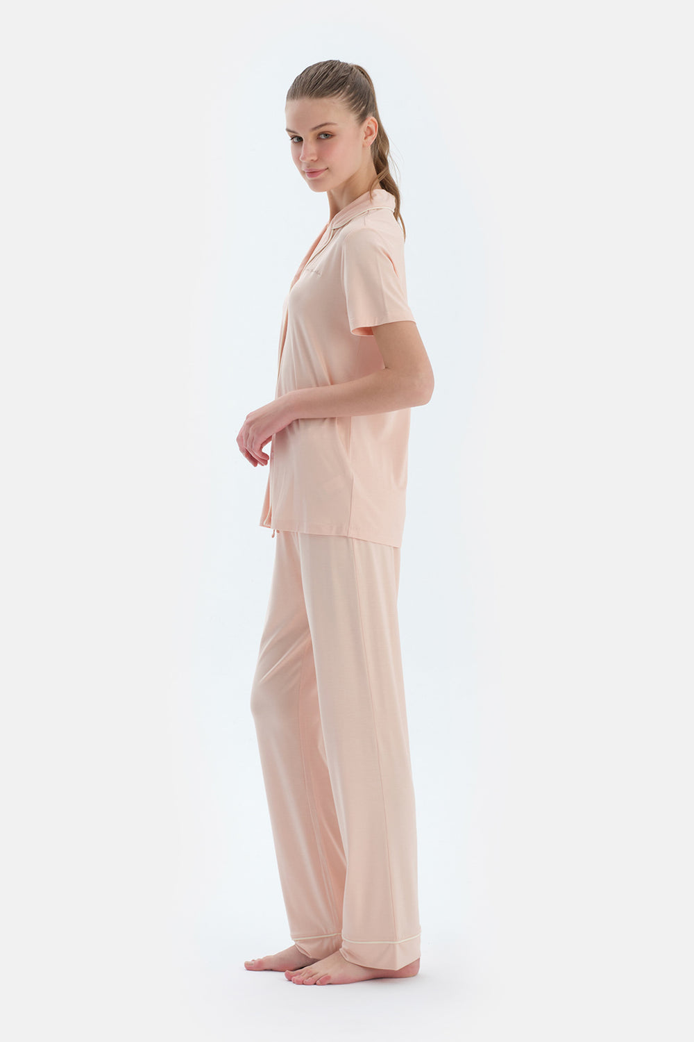 Sütlü Kahve Kısa Kollu Basıc Gömlek Pantolon Pijama Takımı