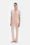 Sütlü Kahve Kısa Kollu Basıc Gömlek Pantolon Pijama Takımı