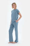 Mavi Düşük Kollu Basıc Tişört Pantolon Pijama Takımı