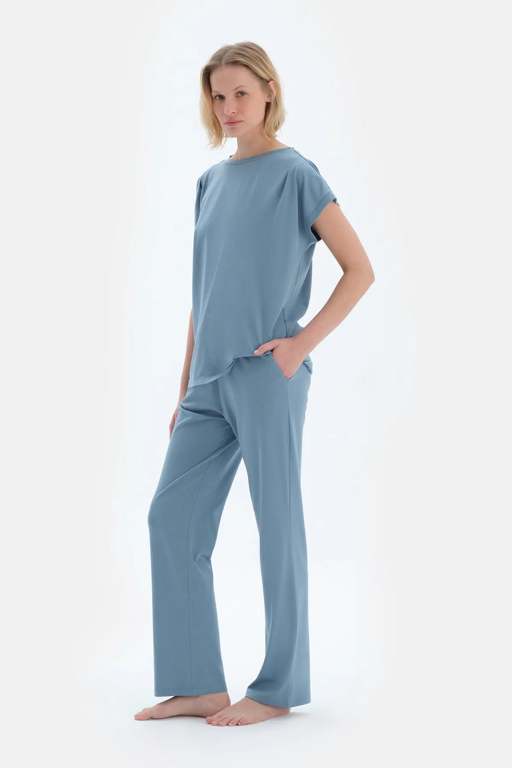 Mavi Düşük Kollu Basıc Tişört Pantolon Pijama Takımı