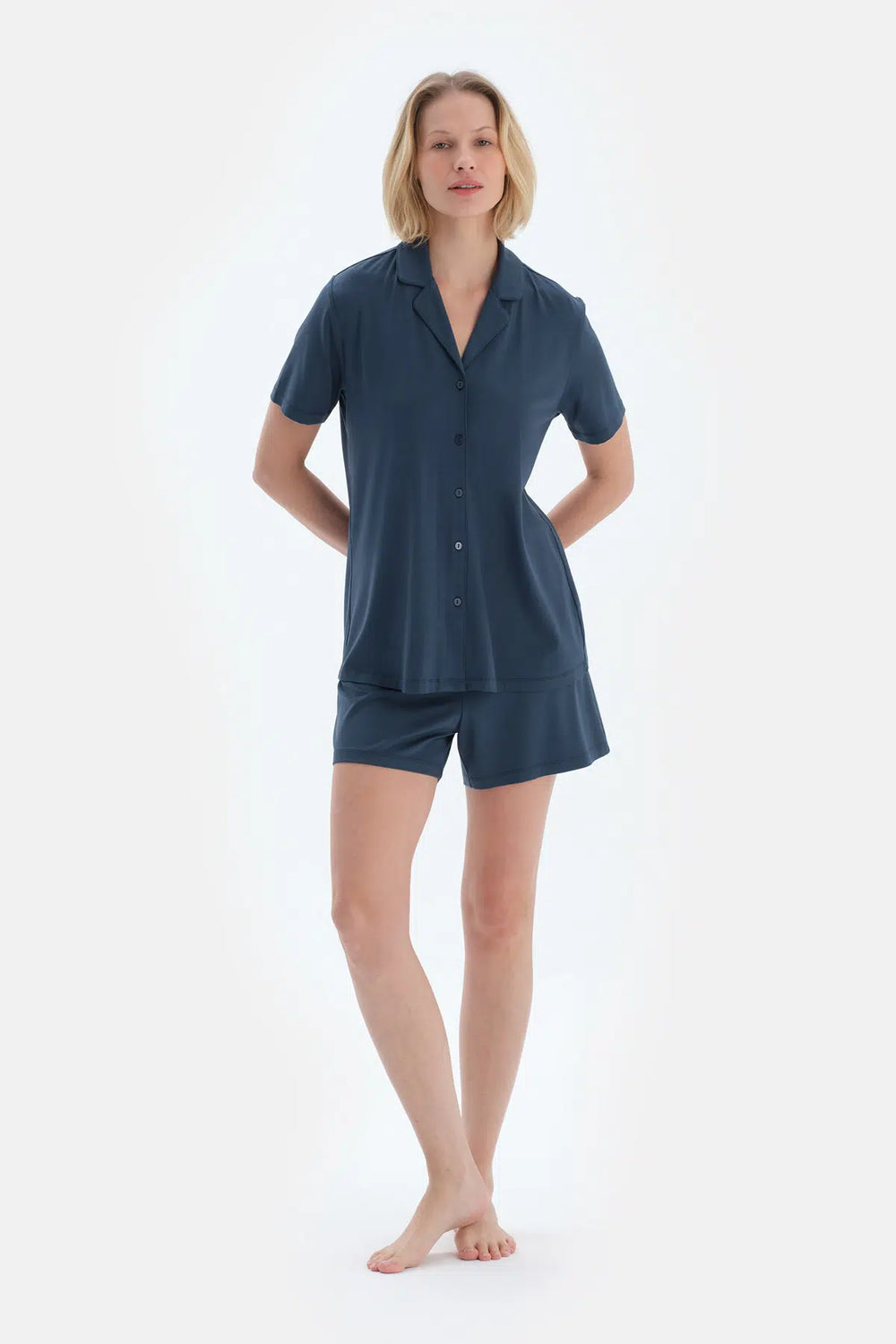 Lacivert Dokuma Etiket Detaylı Basıc Gömlek Şort Pijama Takımı