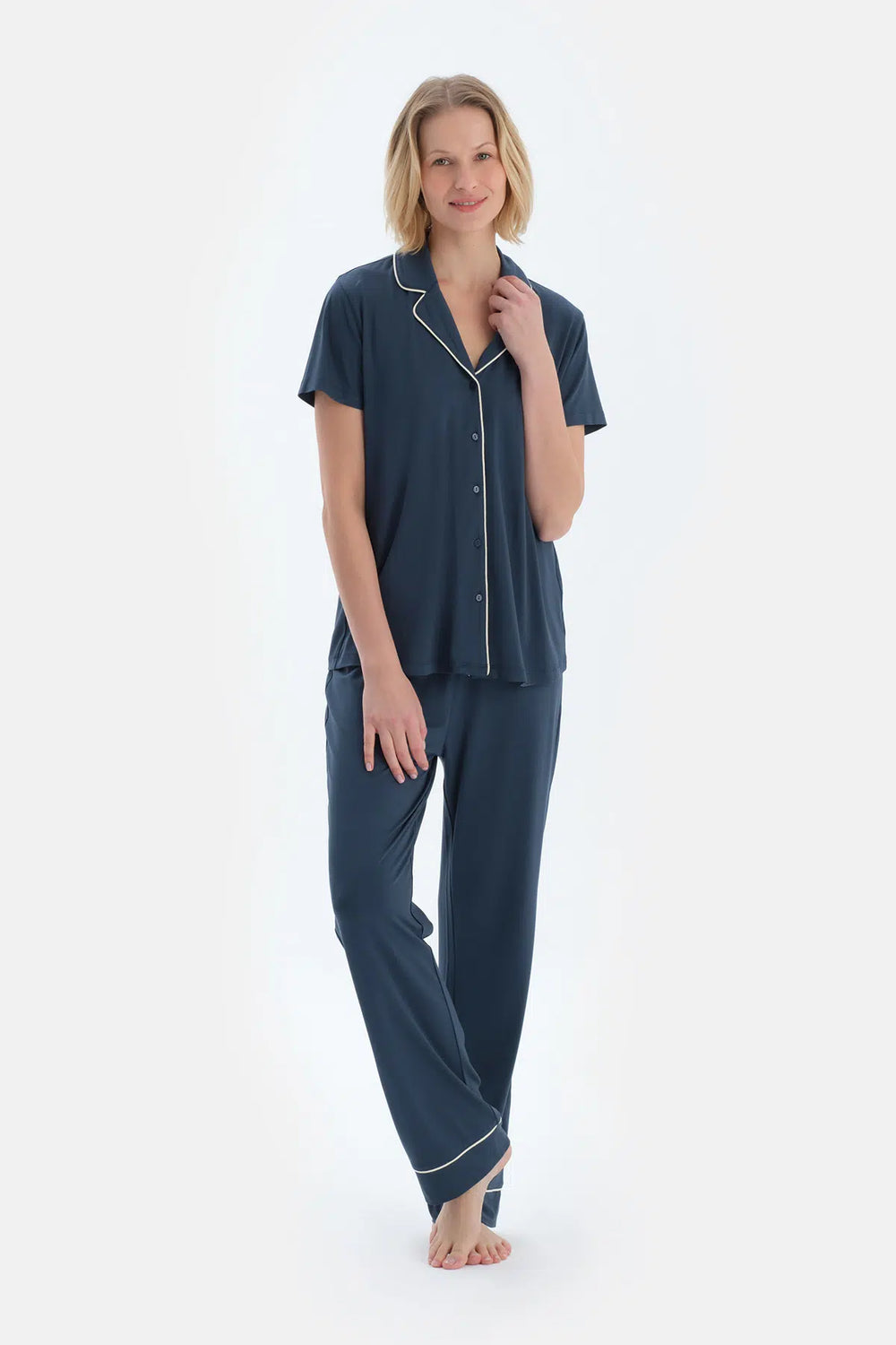 Lacivert Kısa Kollu Basıc Gömlek Pantolon Pijama Takımı