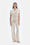 Ekru Çiçek Desenli Gömlek Pantolon Pijama Takımı