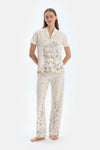 Ekru Çiçek Desenli Gömlek Pantolon Pijama Takımı