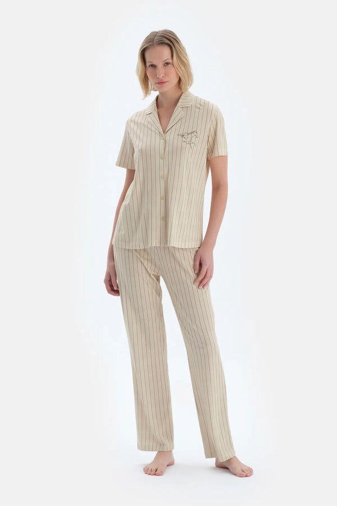 Yeşil Çizgili Nakış Detaylı Gömlek Pantolon Pijama Takımı