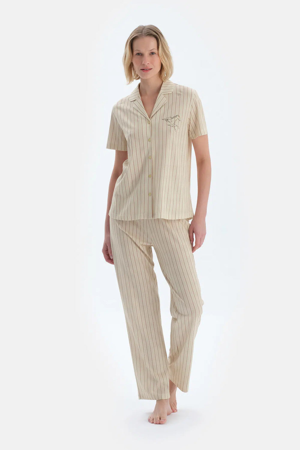 Yeşil Çizgili Nakış Detaylı Gömlek Pantolon Pijama Takımı