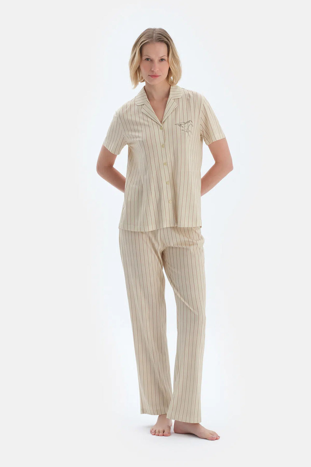 Yeşil Çizgili Nakış Detaylı Gömlek Pantolon Pijama Takımı