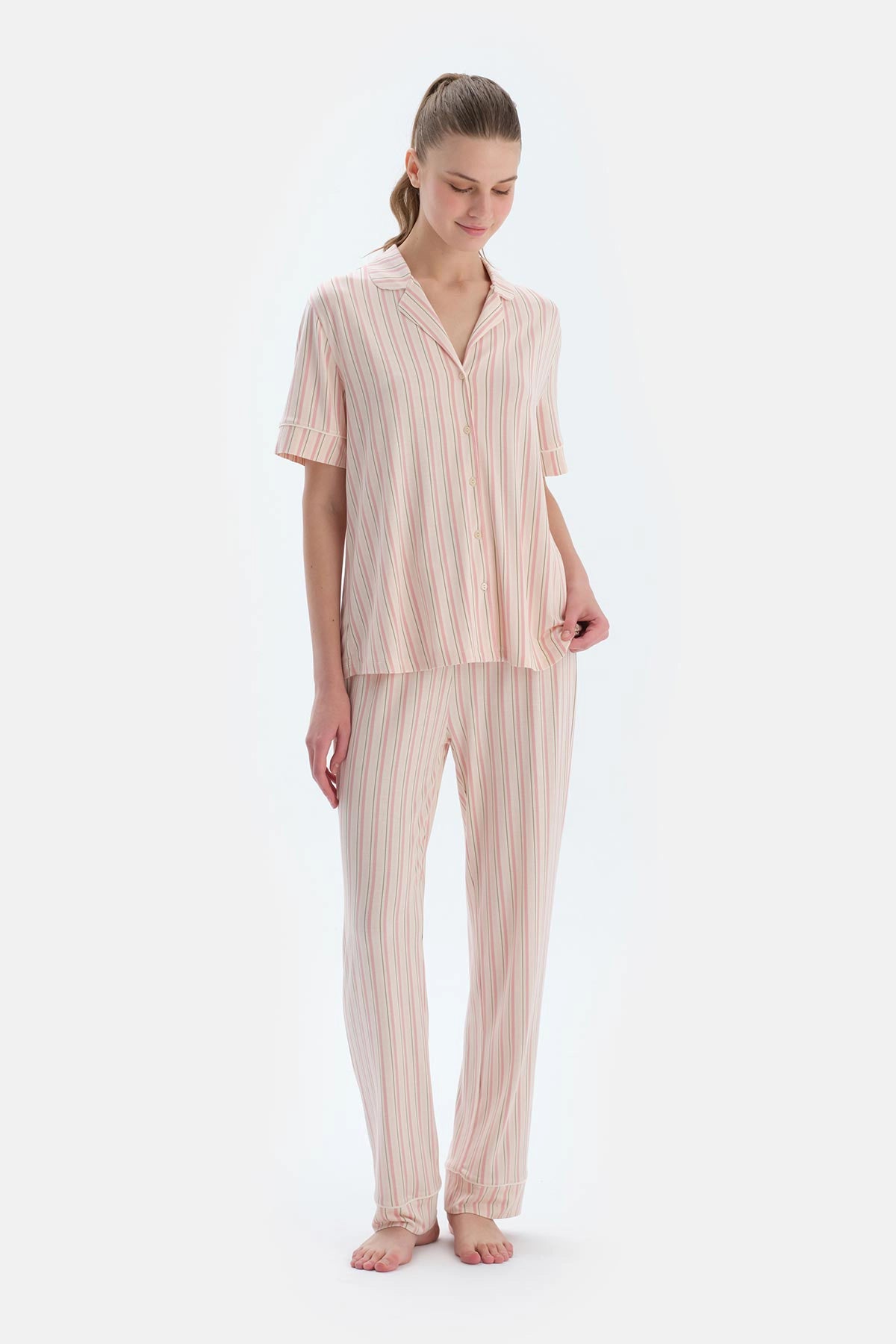 Pembe Çizgili Gömlek Pantolon Pijama Takımı
