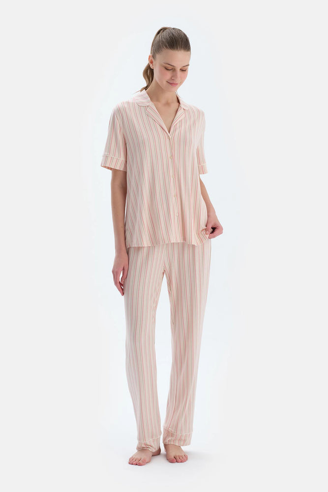 Pembe Çizgili Gömlek Pantolon Pijama Takımı