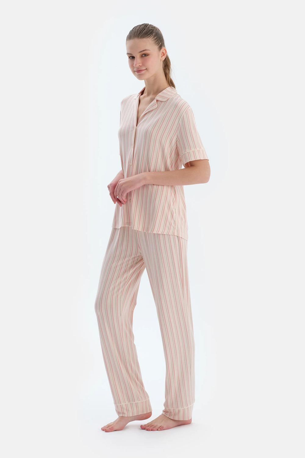 Pembe Çizgili Gömlek Pantolon Pijama Takımı