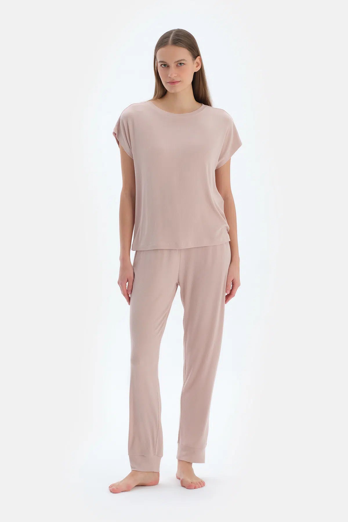 Açık Pembe Bisiklet Yaka Jogger Paça Viskon Kaşkorse Pijama Takımı