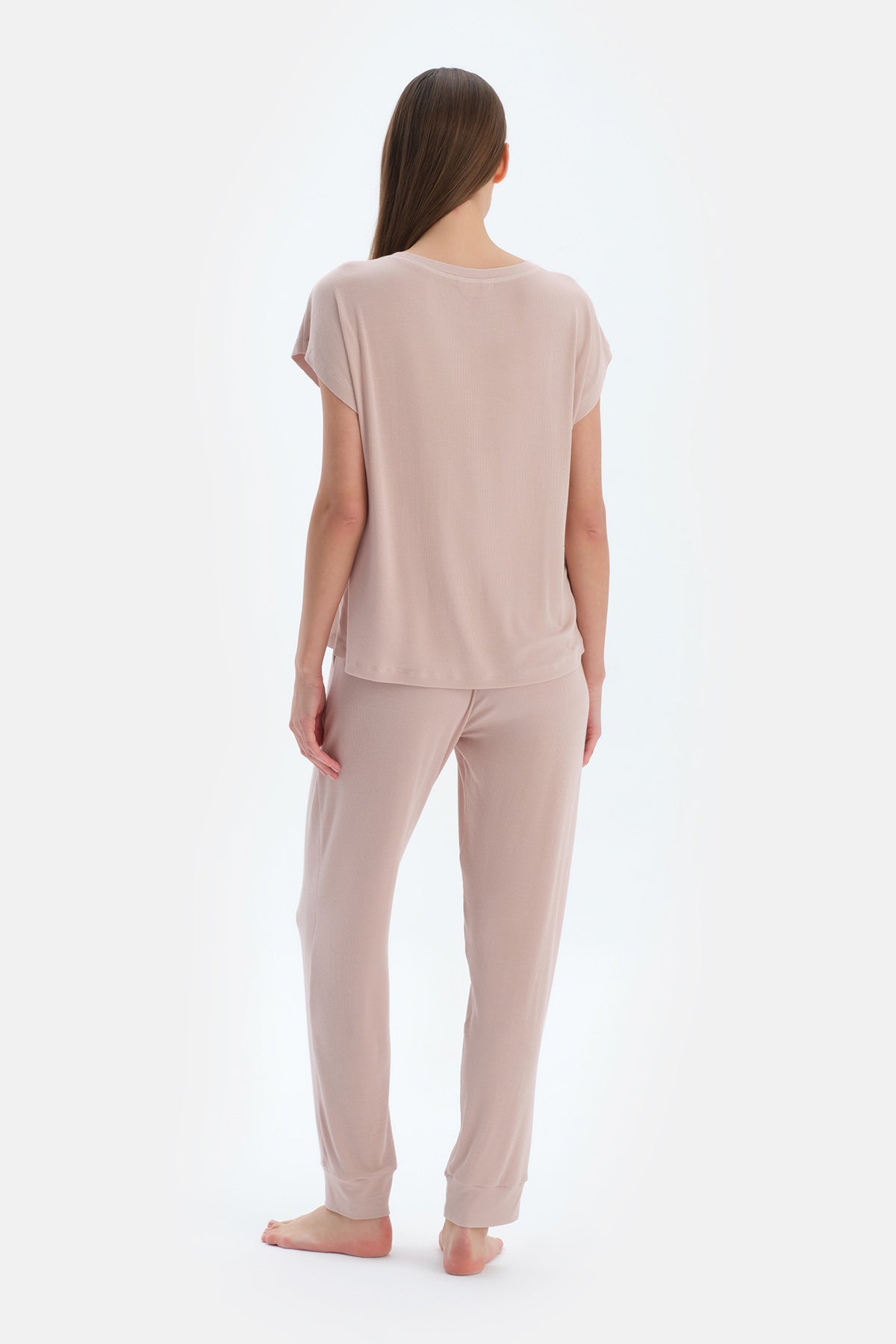 Açık Pembe Bisiklet Yaka Jogger Paça Viskon Kaşkorse Pijama Takımı