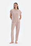 Açık Pembe Bisiklet Yaka Jogger Paça Viskon Kaşkorse Pijama Takımı