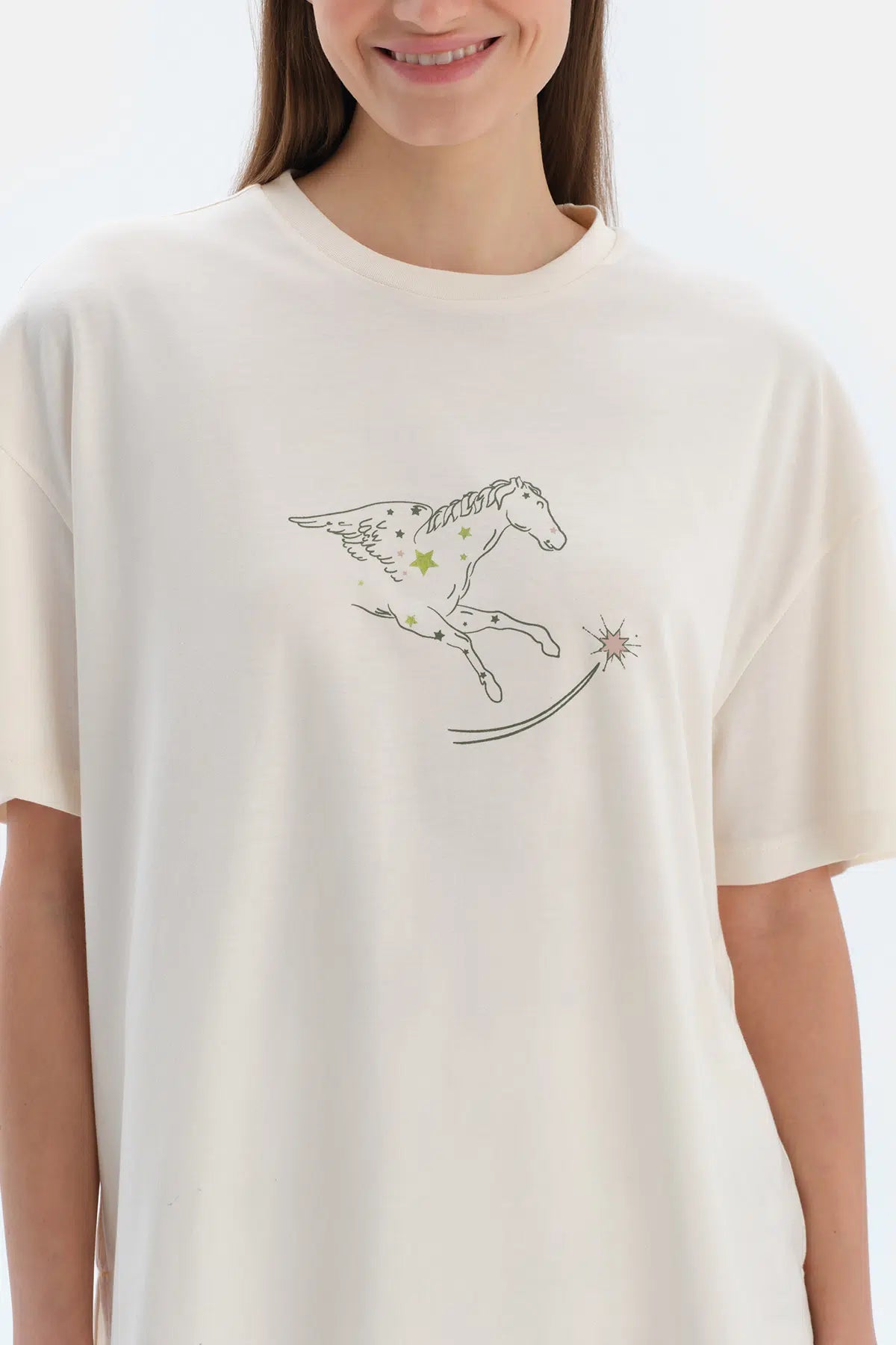 Ekru Baskı Detaylı Kısa Kollu Tişört Pantolon Pijama Takımı