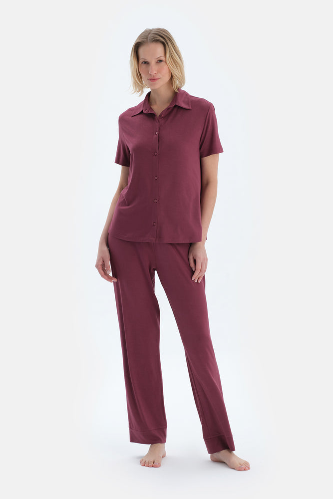 Bordo Basıc Gömlek Pantolon Pijama Takımı