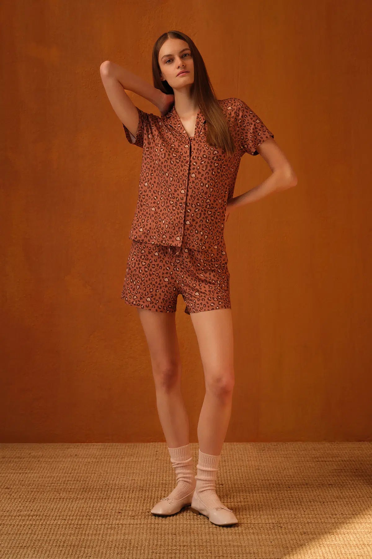 Kiremit Leopar Desenli Gömlek Şort Pijama Takımı