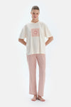 Ekru Baskı Detaylı Kısa Kollu Tişört Pantolon Pijama Takımı
