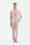 Açık Pembe Bisiklet Yaka Kısa Kollu Tişört Pantolon Pijama Takımı