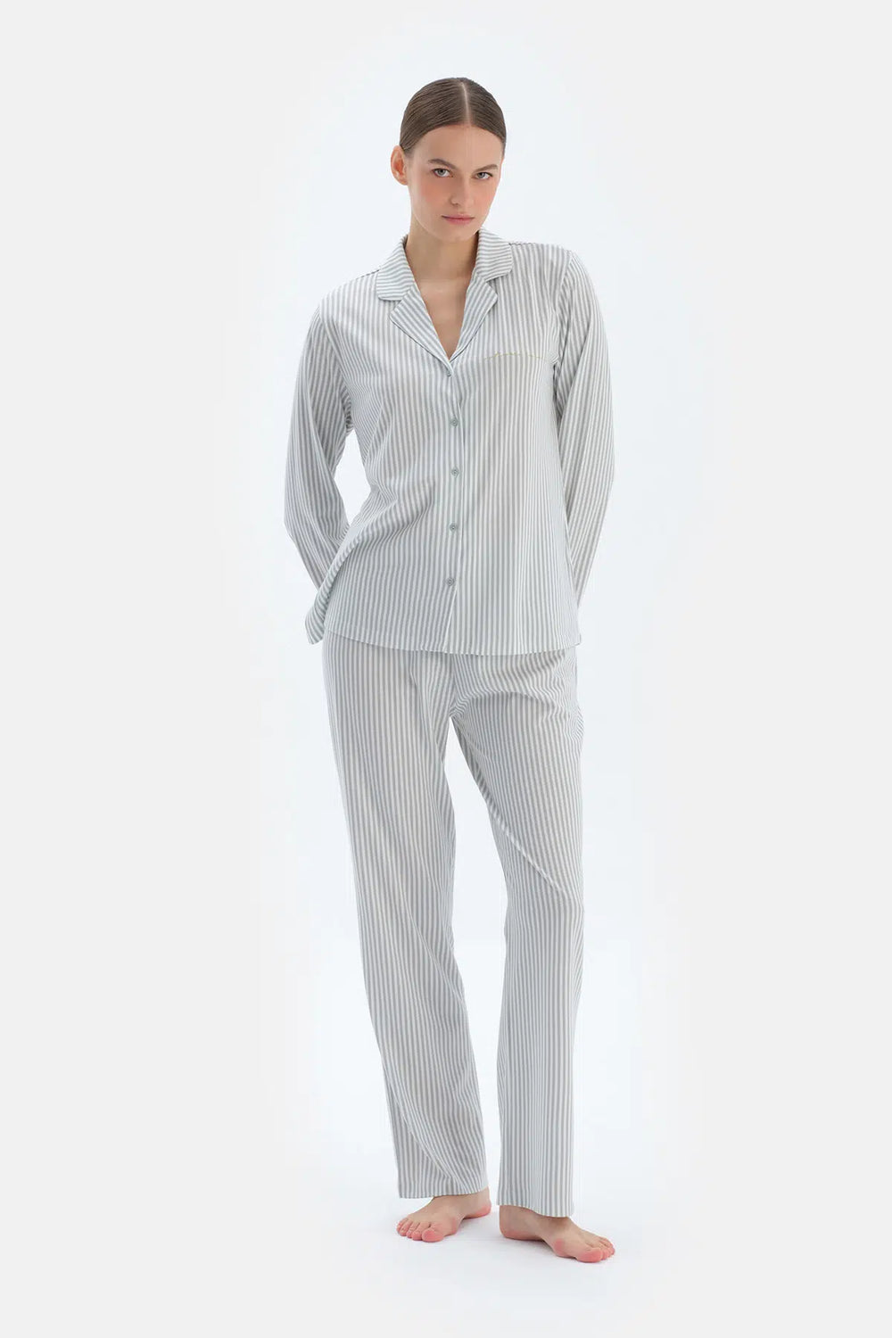 Ada Çayı Çizgili Basıc Gömlek Pantolon Pijama Takımı