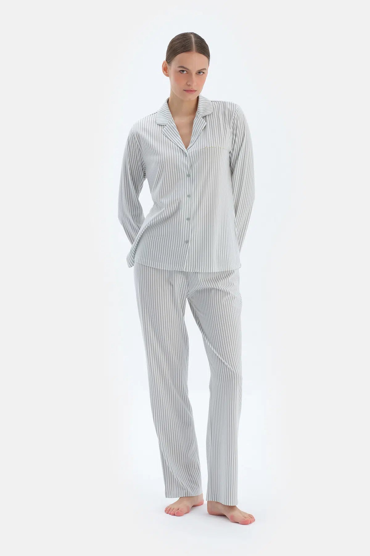 Ada Çayı Çizgili Basıc Gömlek Pantolon Pijama Takımı