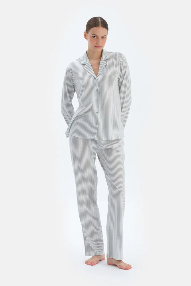 Ada Çayı Çizgili Basıc Gömlek Pantolon Pijama Takımı