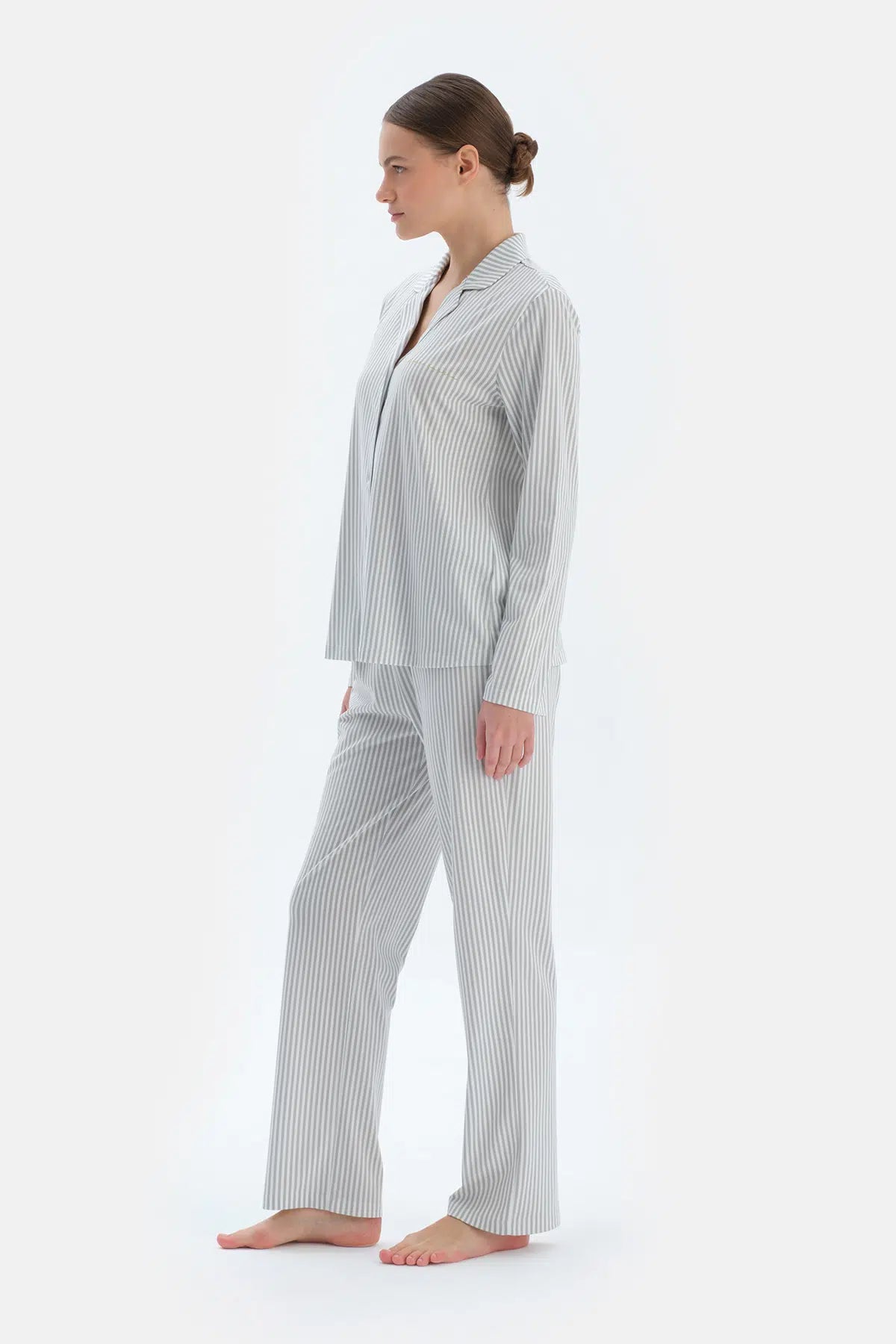 Ada Çayı Çizgili Basıc Gömlek Pantolon Pijama Takımı