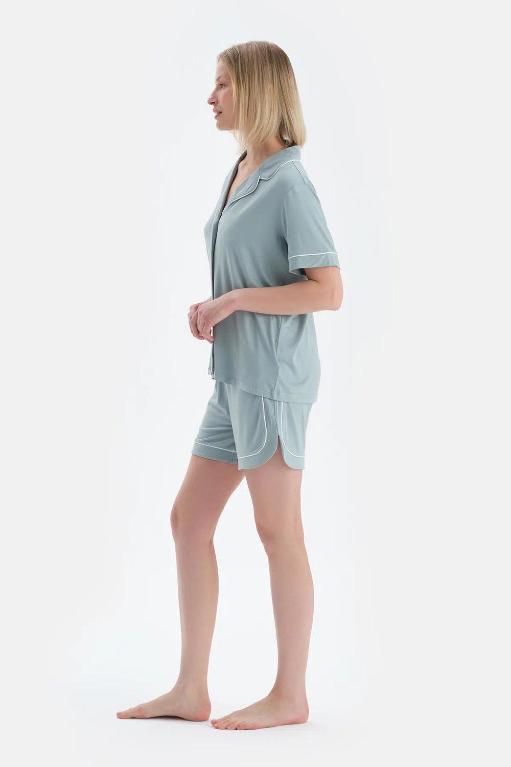 Su Yeşili Cool Touch Biye Detaylı Gömlek Şort Pijama Takımı