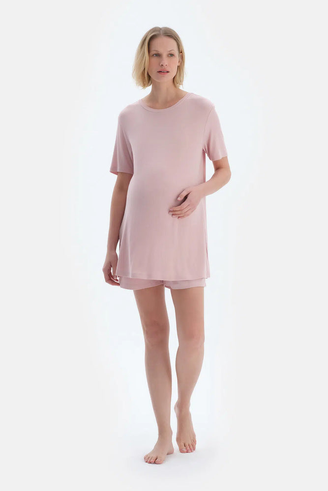 Açık Pembe Kaşkorse Hamile Tişört Şort Pijama Takımı