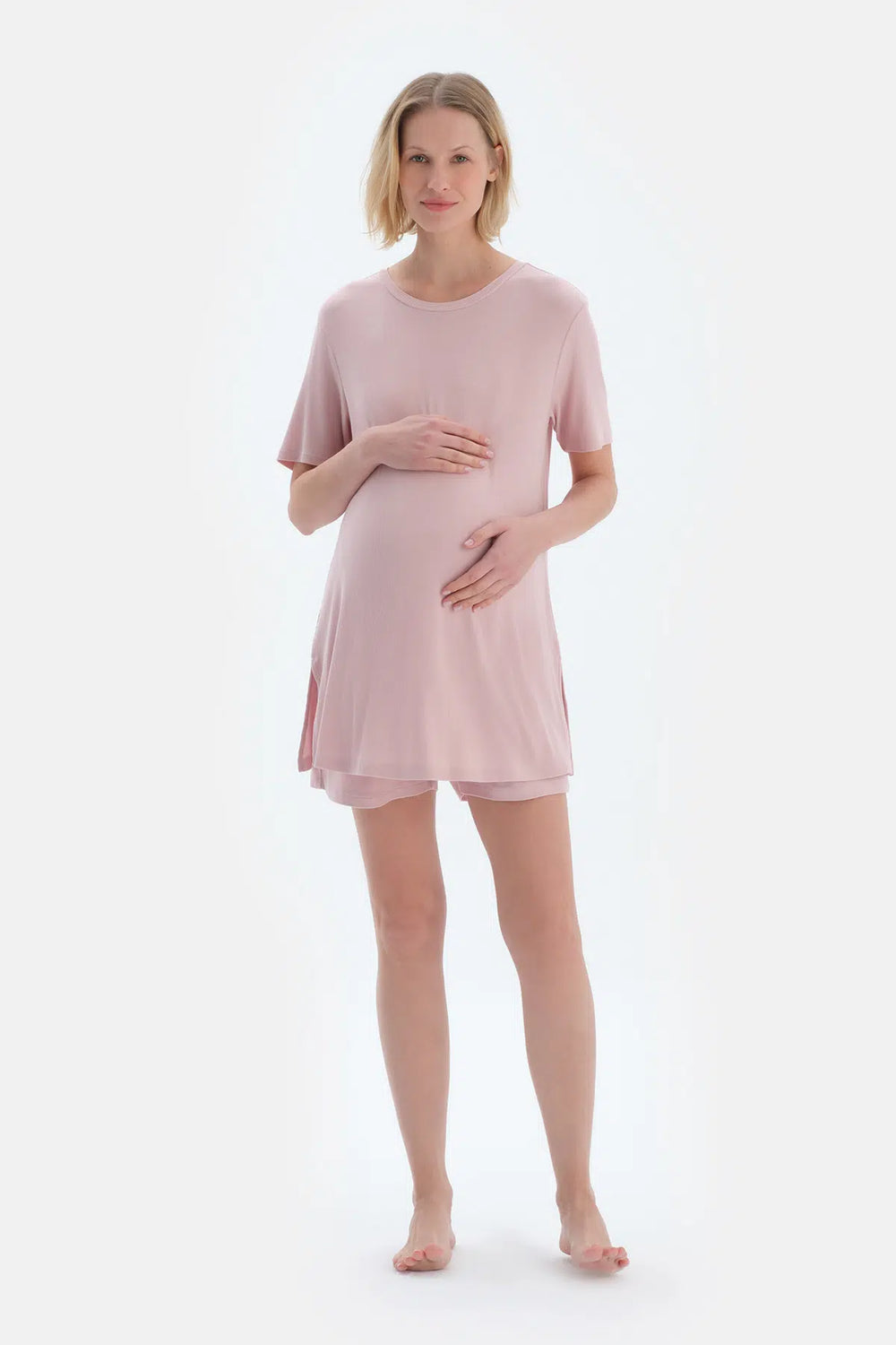 Açık Pembe Kaşkorse Hamile Tişört Şort Pijama Takımı