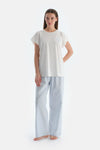 Kırık Beyaz Baskı Detaylı Altı Çizgili Tişört Pantolon Pijama Takımı