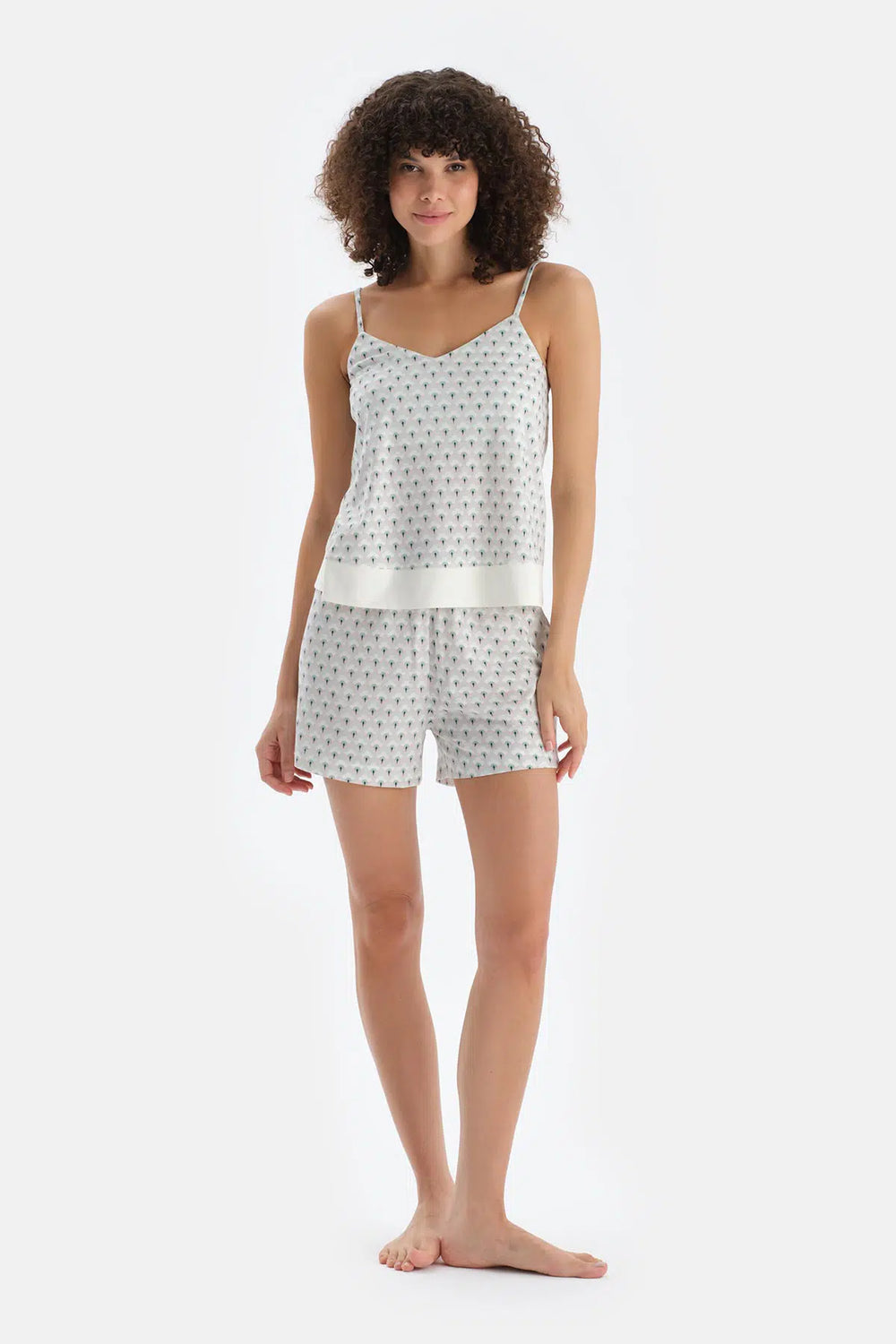 Açık Yeşil V Yaka Metraj Baskılı Atlet Şort Pijama Takımı