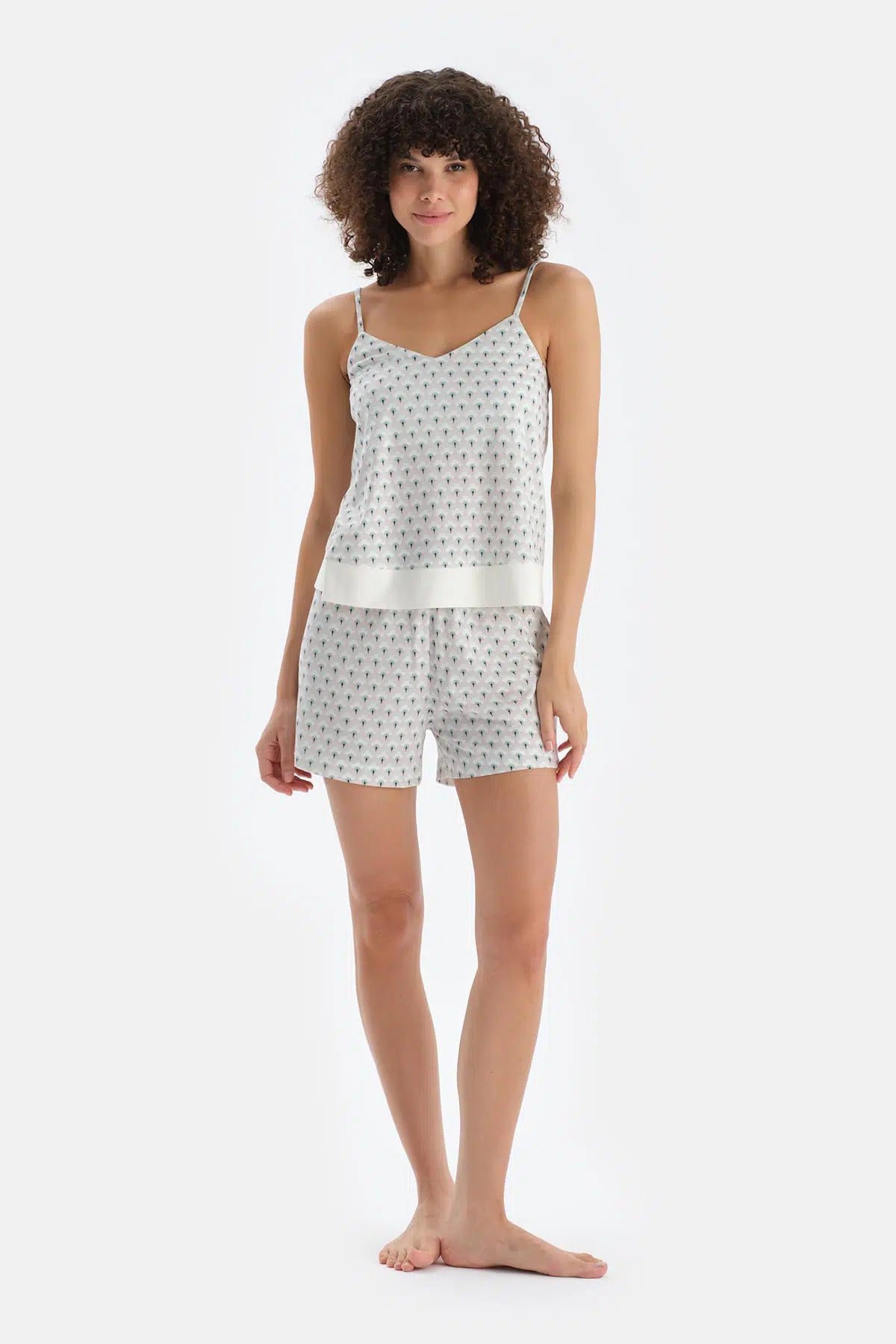 Açık Yeşil V Yaka Metraj Baskılı Atlet Şort Pijama Takımı