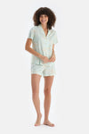 Açık Yeşil Çiçek Baskılı Penye Modal Gömlek Şort Pijama Takımı