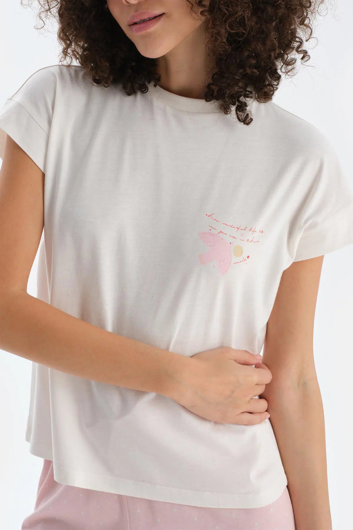 Ekru Baskı Detaylı Kısa Kollu Tişört Şort Pijama Takımı