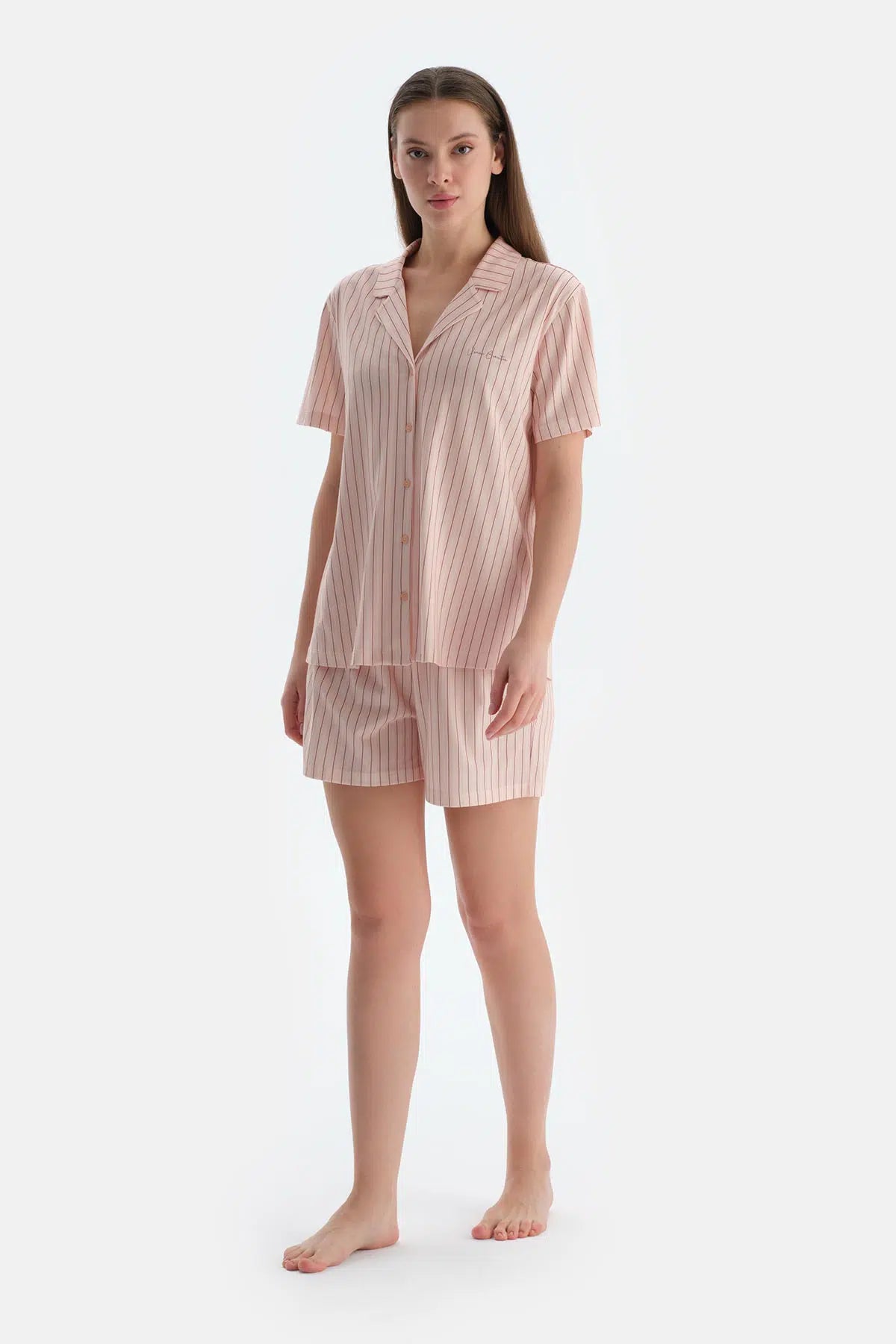 Açık Pembe Çizgili Penye Modal Gömlek Şort Pijama Takımı
