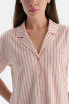 Açık Pembe Çizgili Penye Modal Gömlek Şort Pijama Takımı
