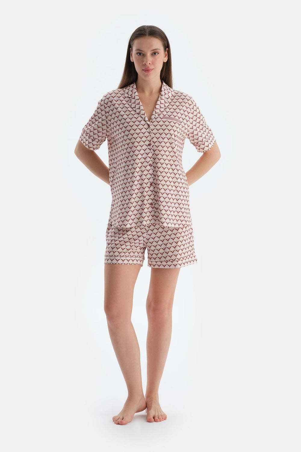 Açık Pembe Metraj Baskılı Penye Modal Gömlek Şort Pijama Takımı