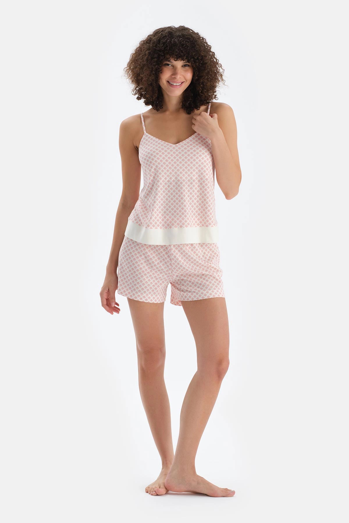 Turuncu V Yaka Metraj Baskılı Atlet Şort Pijama Takımı