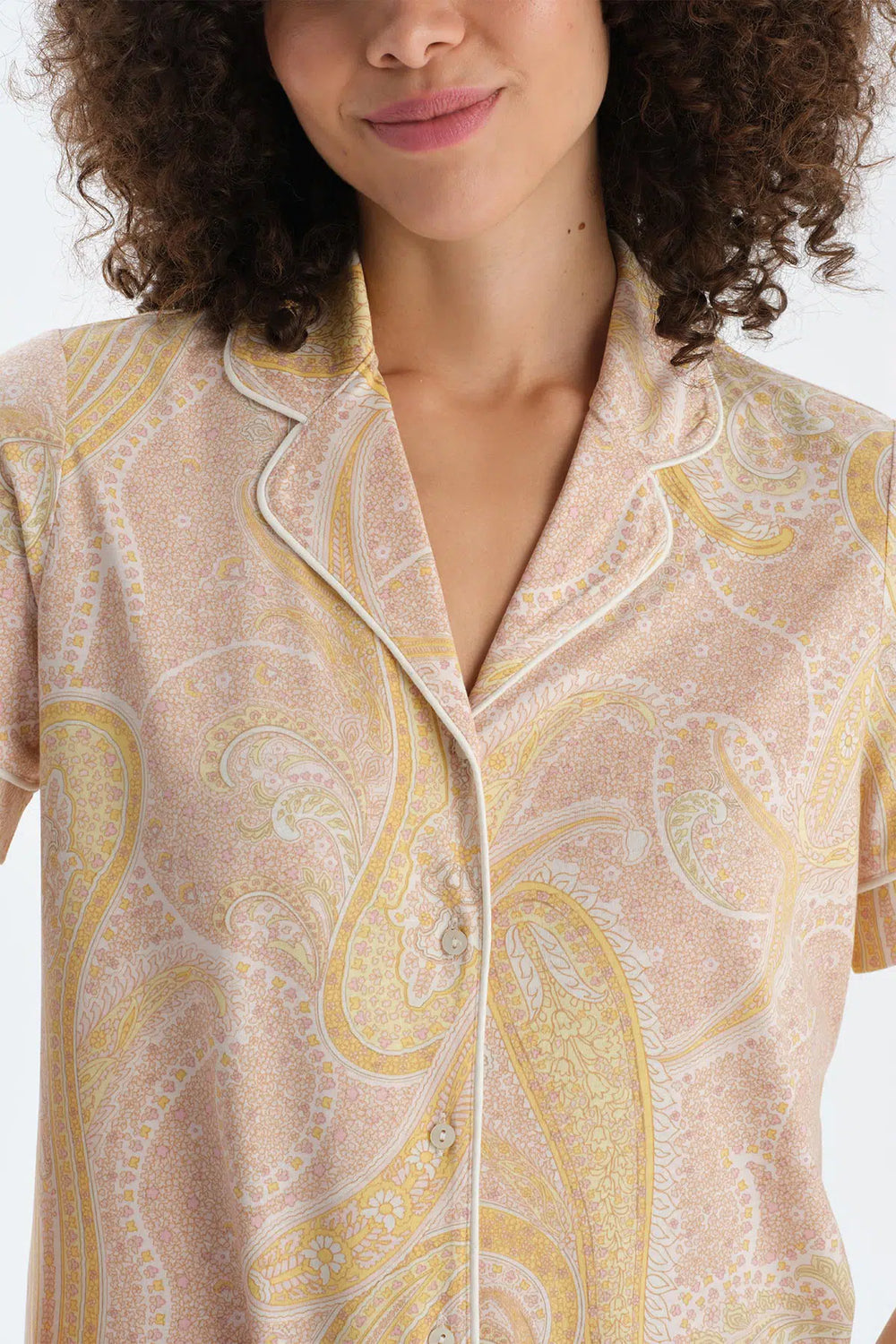 Turuncu Şal Desenli Penye Modal Gömlek Şort Pijama Takımı