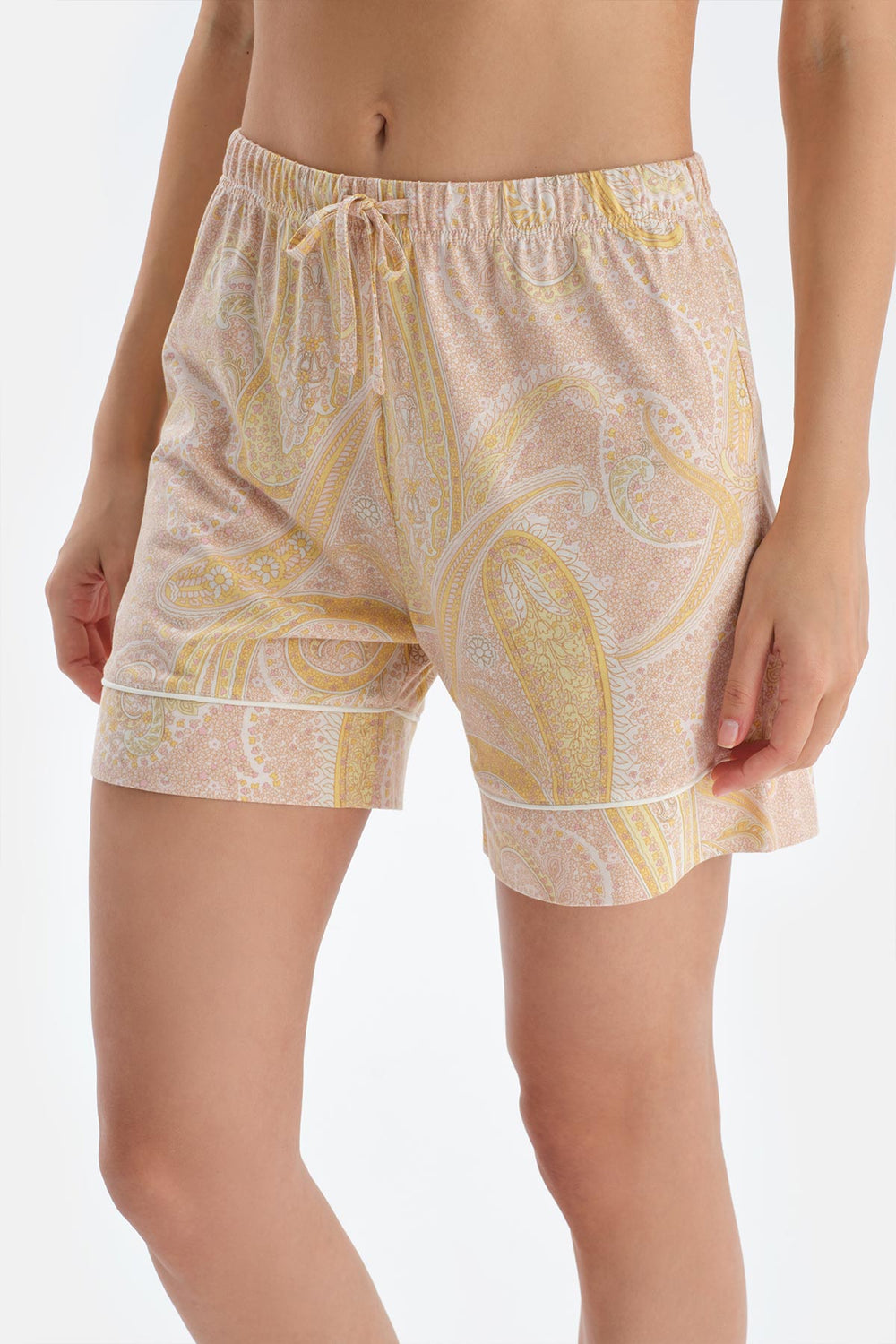 Turuncu Şal Desenli Penye Modal Şort Pijama Takımı