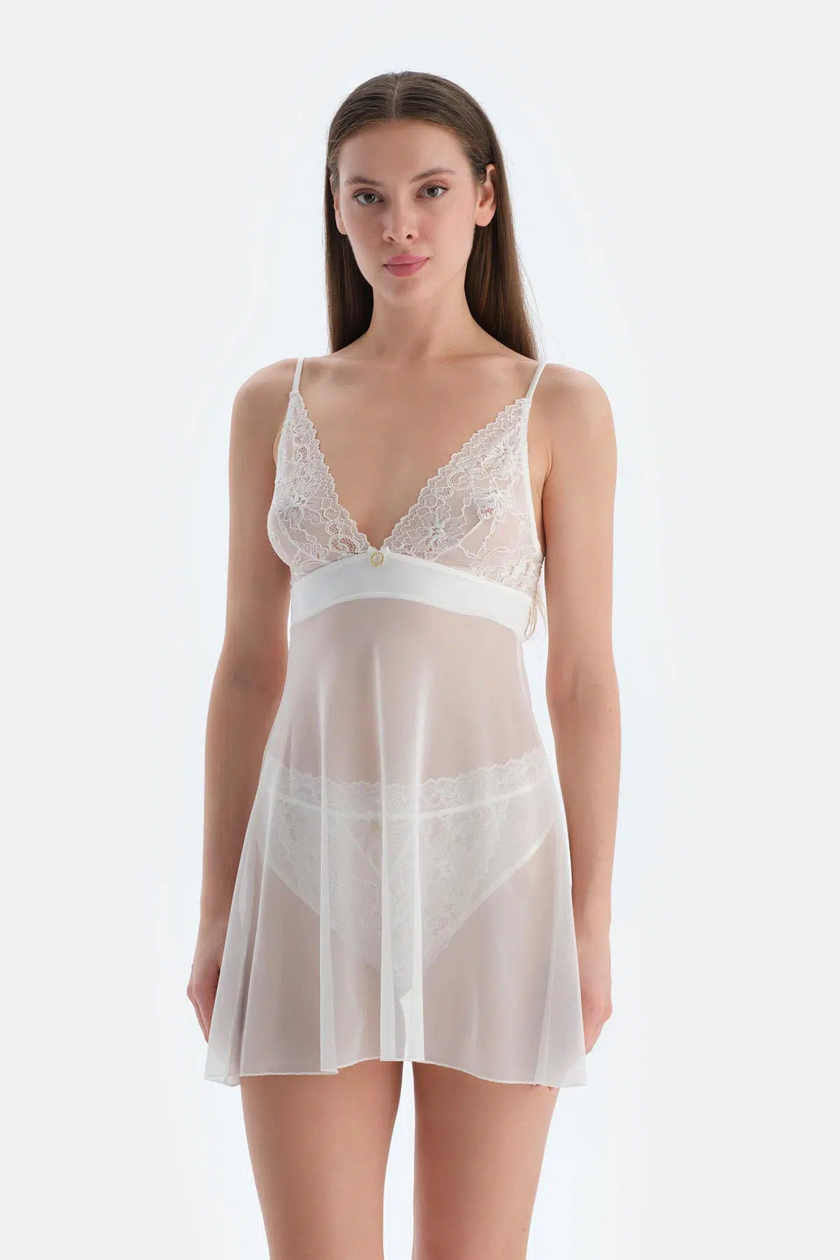 Beyaz Dantel Detaylı Tüllü Babydoll