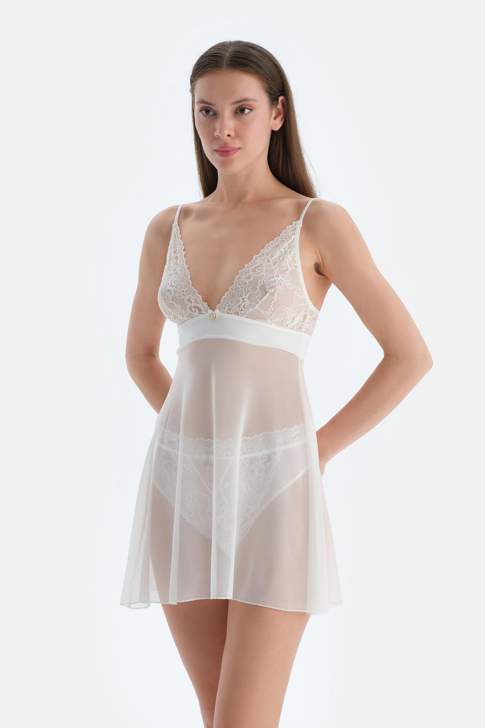 Beyaz Dantel Detaylı Tüllü Babydoll