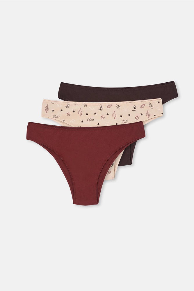 Bordo-Koyu Kahverengi rengi Kadın 3'lü Desenli Brazılıan Külot