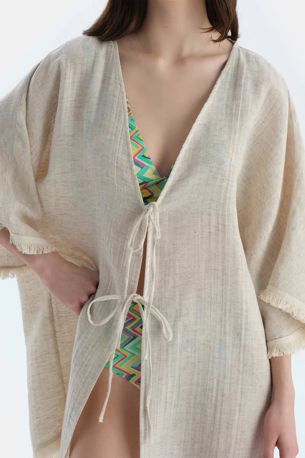 Ekru İp Bağlama Detaylı Kimono