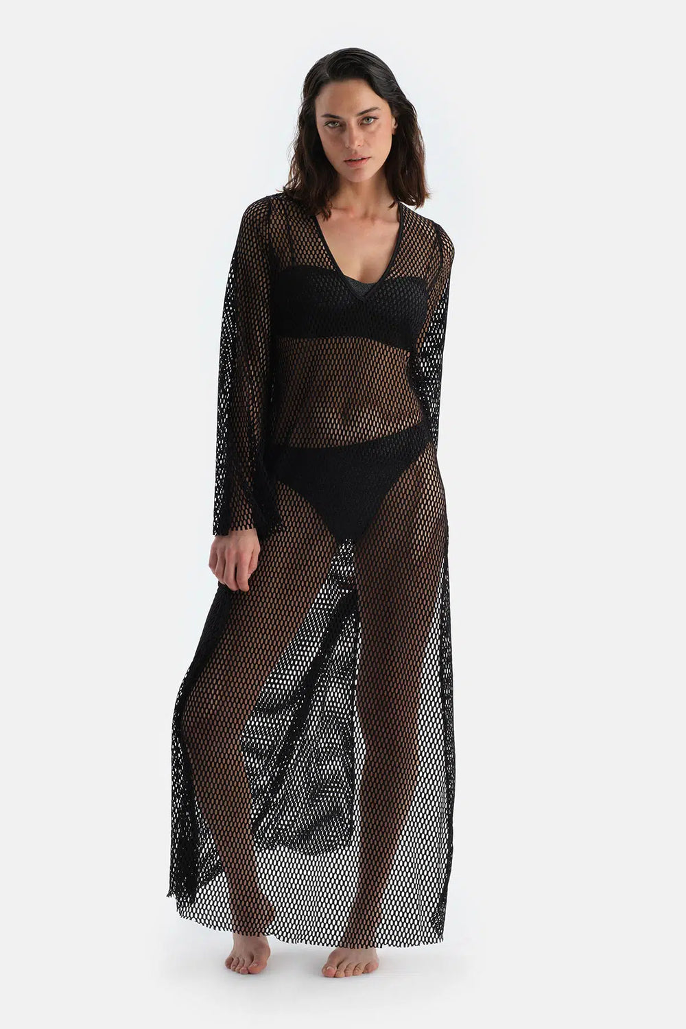 Siyah File Uzun Kol Elbise