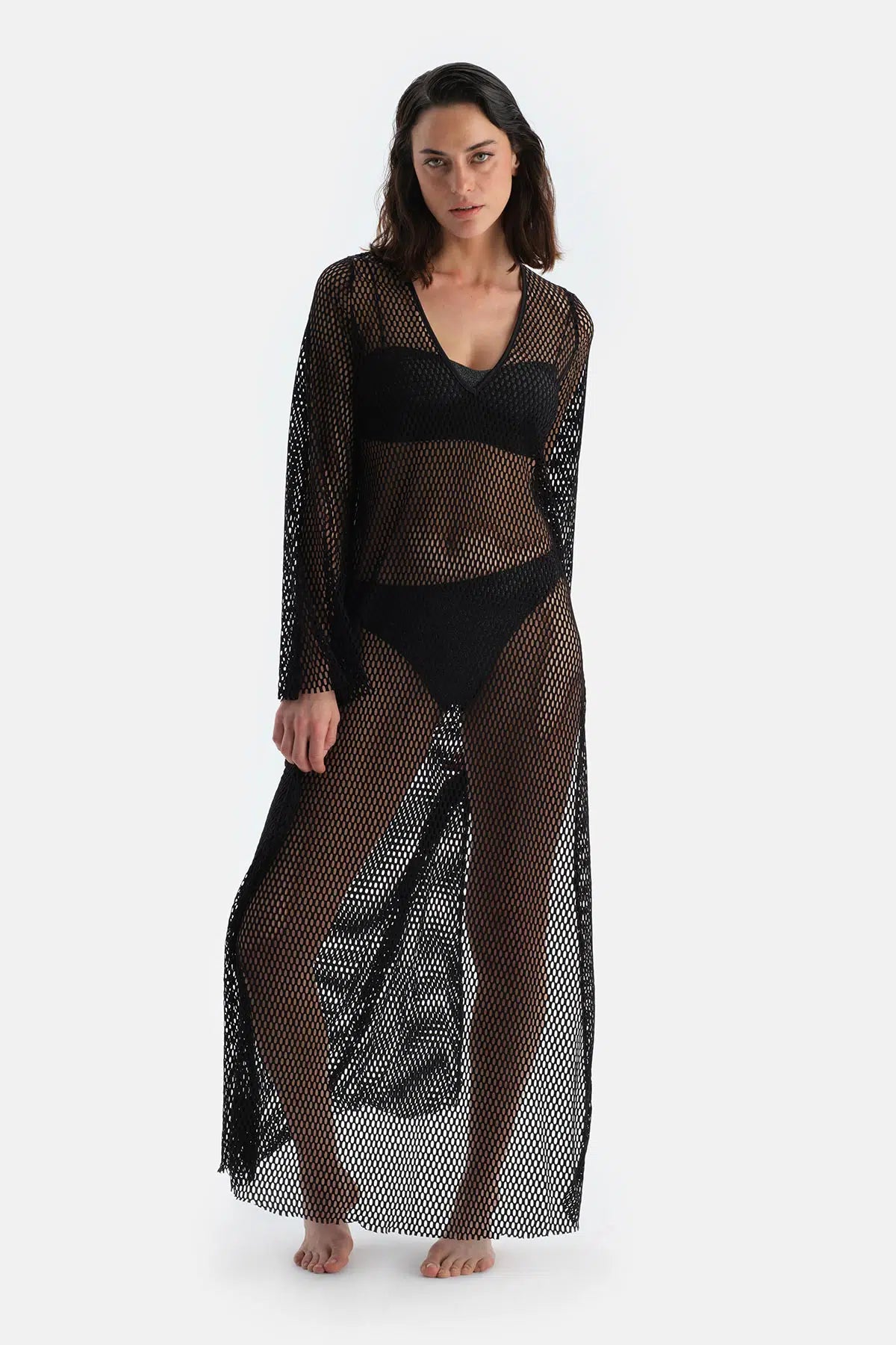 Siyah File Uzun Kol Elbise