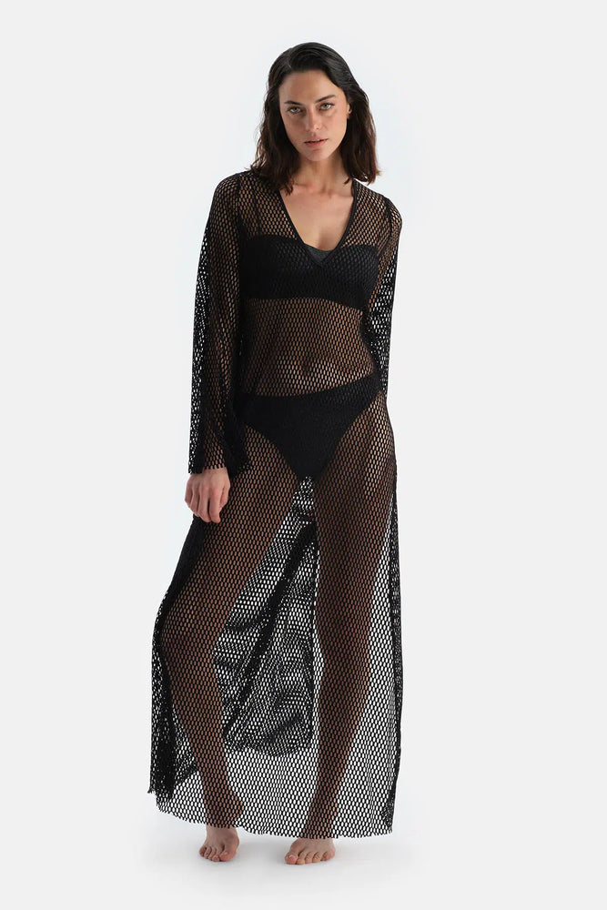 Siyah File Uzun Kol Elbise