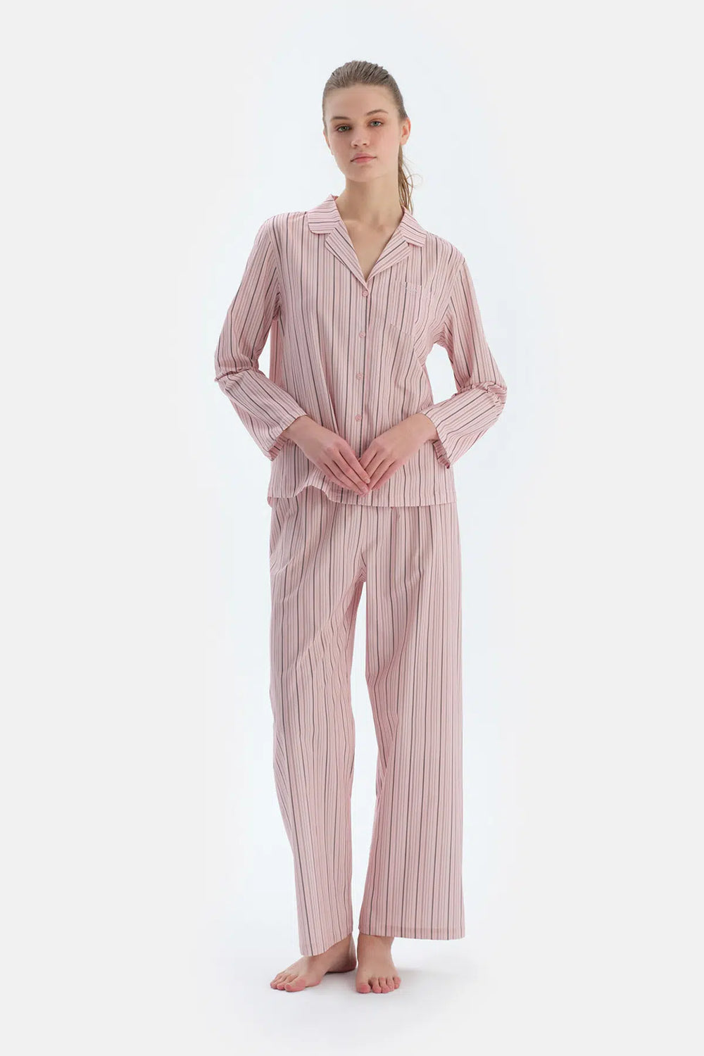 Açık Pembe Çizgili Dokuma Pantolon