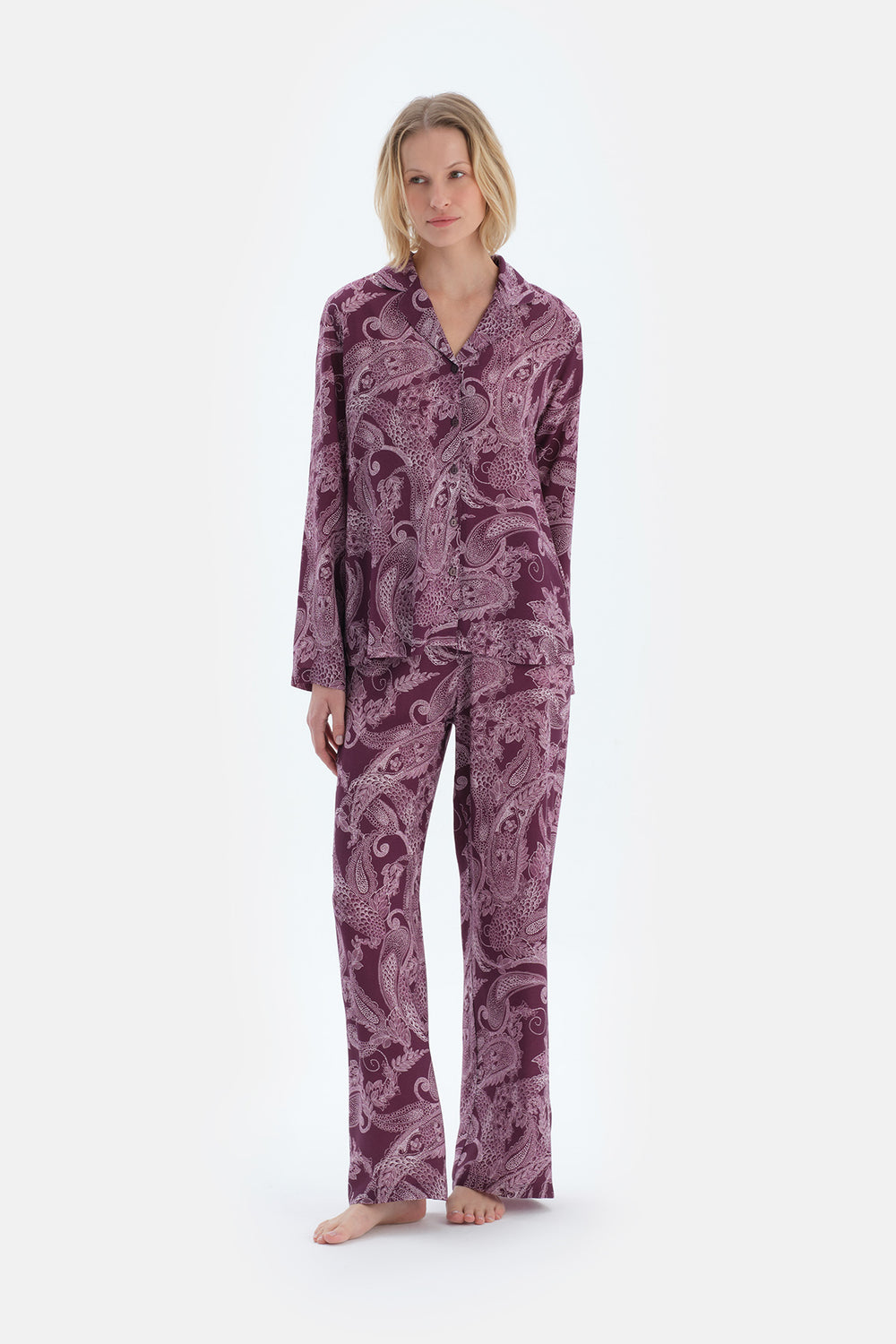 Mürdüm Şal Desenli Dokuma Pantolon Pijama Altı