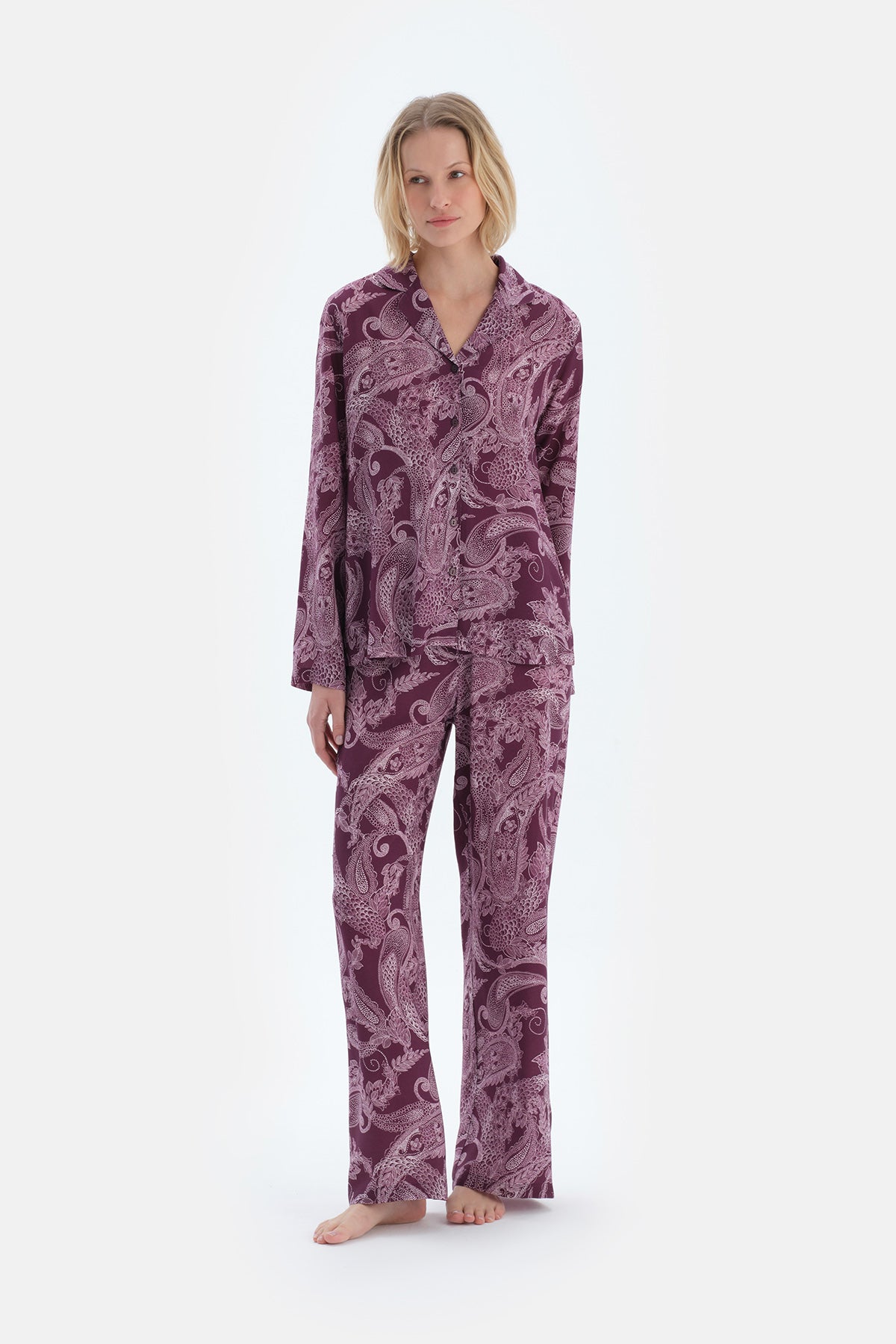 Mürdüm Şal Desenli Dokuma Pantolon Pijama Altı